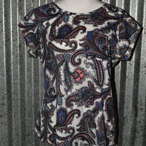 Women's Top Blouse Ann Taylor Sz S Paisley White Black Peach